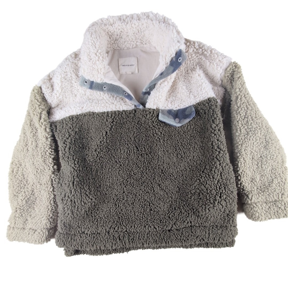 Thread & Supply Elm Pullover Sherpa Green Cream Camo Medium Cozy Fluffy